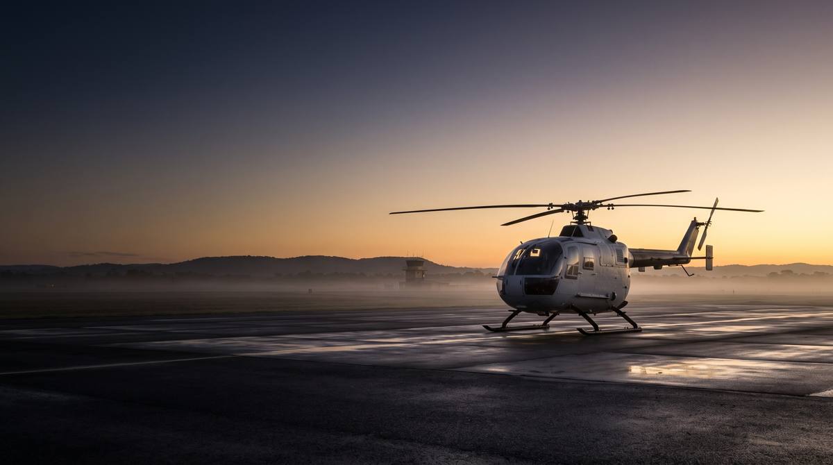 A light helicopter parked on a wet apron at dawn with a control tower and hills in the background.