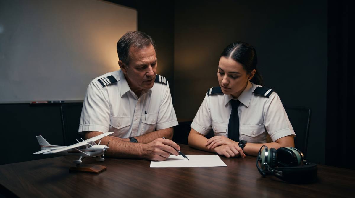 An instructor in a white pilot shirt with epaulettes explains something on paper to a student at a table, with a model airplane and a headset beside them.