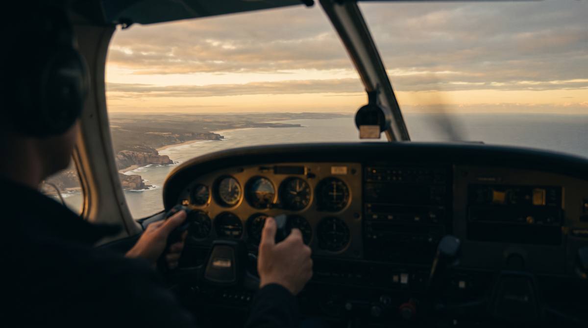 A pilot in a light aircraft flying at sunrise.