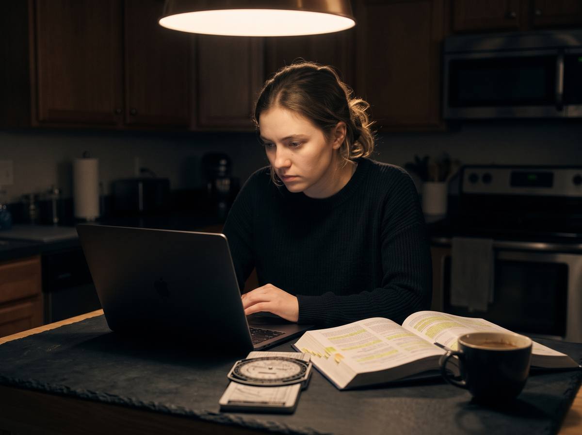 A student at a kitchen table at night with a laptop, a flight computer and a highlighted textbook, studying for a pilot knowledge test.